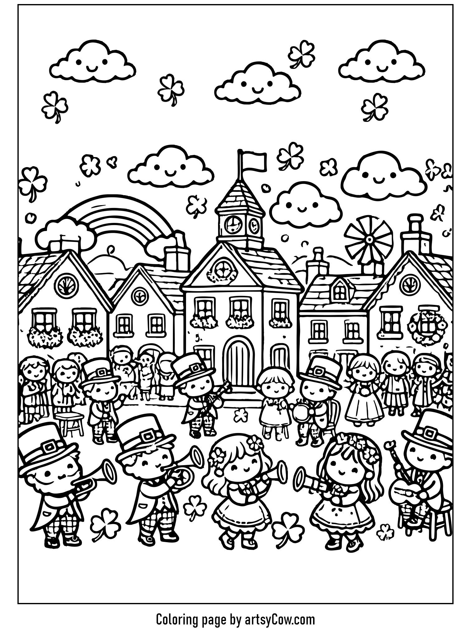 St Patricks Day Coloring Pages For Kids featuring a lively festival scene with joyful villagers dancing and playing instruments in a charming town square under fluffy clouds and shamrocks.